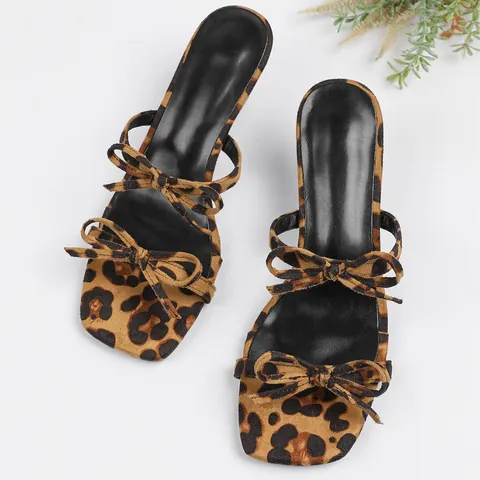 Sandalias de Tacón Alto con Punta Cuadrada para Mujer con Lazo Mules de Moda Estampado de Leopardo Color Sólido Tacón de Aguja
