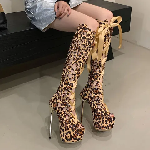 Women Sexy Lace-up Peep Toe Roman High Heel Sandals 16cm Waterproof Platform Hollow Out Knee High Boots Leopard Party Club
