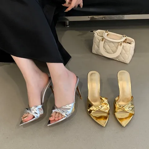 Women Pointed Toe Stiletto High Heel Mules Sexy Twisted Pleated Open Toe Metallic PU Leather Slip On Party Fashion Shoes