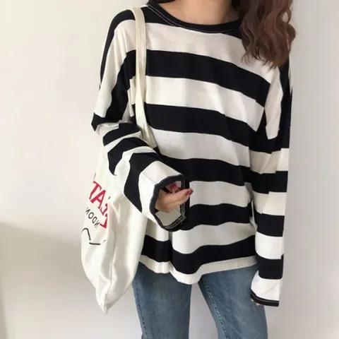 Women Casual Rainbow Striped Long Sleeve T-Shirt Loose Round Neck Printed Polyester Top Tee For Student Daily Wear