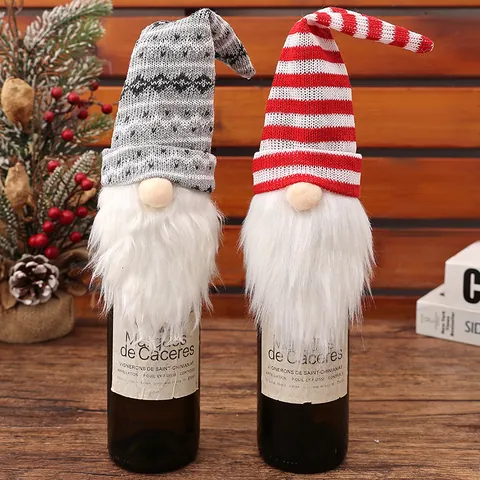 Christmas Wine Bottle Cover Gnome Faceless Old Man Knitted Fabric With Artificial Fur Forest Elder Hat Xmas Table Decoration Party Ornament