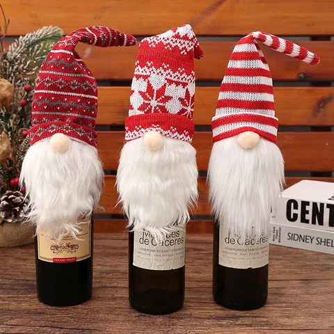 Christmas Wine Bottle Cover Gnome Faceless Old Man Knitted Fabric With Artificial Fur Forest Elder Hat Xmas Table Decoration Party Ornament