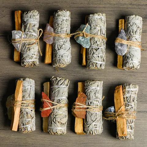 Φυσικό Λευκό Φασκόμηλο Με Ξύλο Palo Santo Και Σετ Ακατέργαστων Κρυστάλλων Πνευματικός Καθαρισμός Σετ Θεραπευτικής Ενέργειας