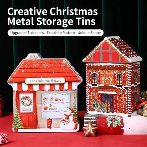 House Shape Tinplate Storage Box Creative Christmas Santa Claus Snowman Sealed Snack Candy Metal Gift Case