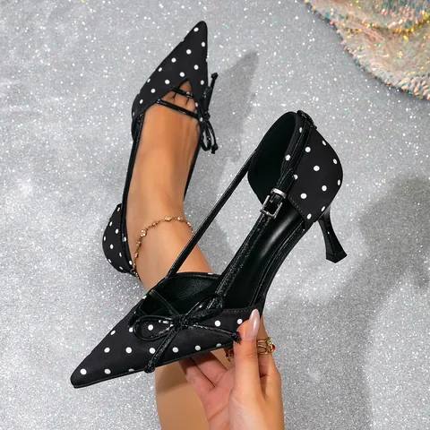 Tacones Altos de Lunares Vintage Francés Con Punta Estrecha Para Mujer Zapatos de Tacón de Aguja Elegantes Con Lazo Para Citas