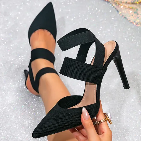 Dames Puntige Teen Naaldhakken Gebreide Stof Elastische Enkelband Elegante Pumps Voor Feest Kantoor Zakelijke Schoenen