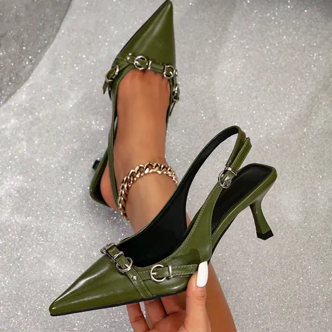 Sandalias Vintage de Mujer Verde Oliva Punta Estrecha Slingback Tacones de Aguja Elegantes de Cuero PU Hebilla para Fiesta
