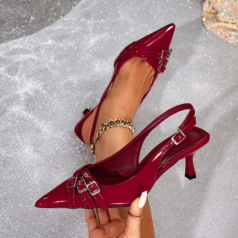 Tacones Slingback de Punta Estrecha para Mujer Sexy Cuero de Patente PU con Hebilla Zapatos de Tacón Stiletto Vintage para Fiesta Boda
