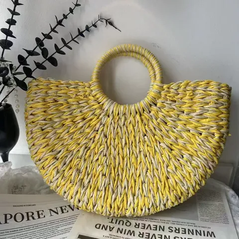 Women Woven Straw Handbag Color Block Semi Circular Moon Beach Bag Paper Rope Summer Vacation Leisure Tote For Women