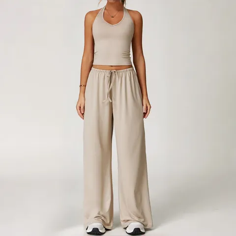 Dames Halternek Geborsteld Yoga Sportkleding Set Top En Bottom Hoge Taille Wijde Pijpen Broek Voor Fitness Gym Hardlopen