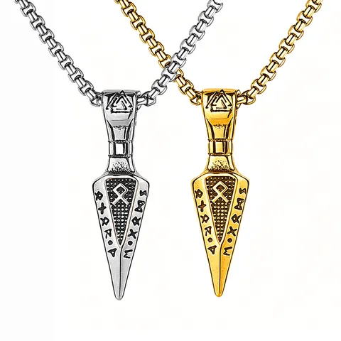 Retro Viking Spearhead Pendant Necklace For Men Stainless Steel Chain Nordic Rune Valknut Skull Eagle Hammer Cross Jewelry