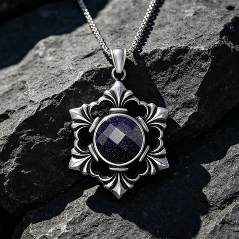 Vintage Titanium Steel Blue Sandstone Pendant Necklace For Men Women Gothic Snowflake Fleur-de-lis Inlaid Sweater Chain Jewelry Gift