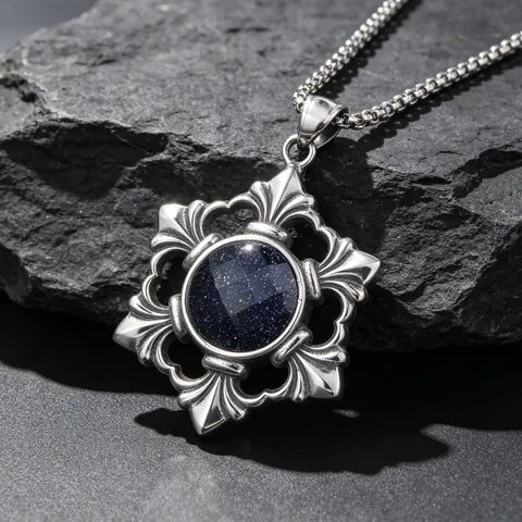 Vintage Titanium Steel Blue Sandstone Pendant Necklace For Men Women Gothic Snowflake Fleur-de-lis Inlaid Sweater Chain Jewelry Gift