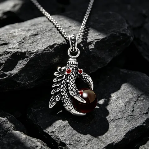 Gothic Punk Dragon Claw Pendant Necklace Titanium Steel Red Rhinestone Black Bead Pendant Necklace For Men Women Hip Hop Jewelry Gift