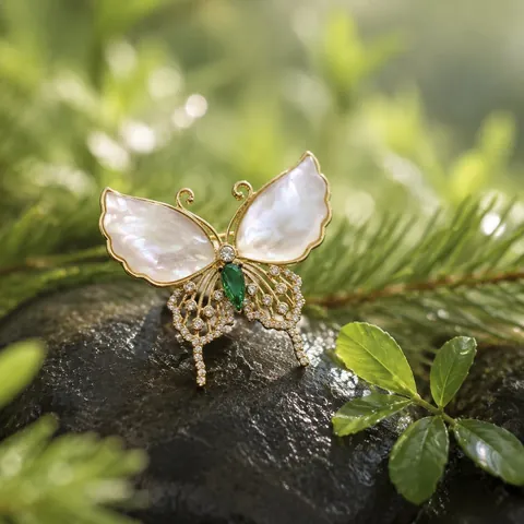 Elegant Alloy Butterfly Brooch With White Mother Of Artificial Pearl Emerald Green Zirconia Inlaid Rhinestone Pin Jewelry For Women