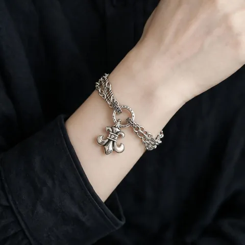 Vintage Silver Plated Copper Bracelet For Women Gothic Fleur-De-Lis Cross Pendant Multi-Layer Rope Chain Zircon Jewelry