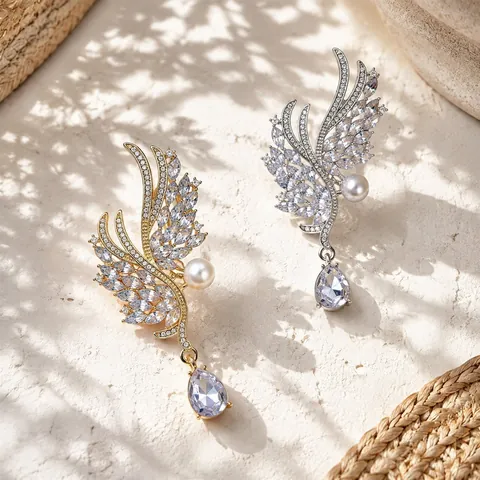 Angel Wings Alloy Rhinestone Brooch Elegant Artificial Pearl Drop Corsage For Women Wedding Banquet Party Clothing Accessory