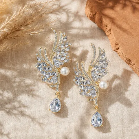 Angel Wings Alloy Rhinestone Brooch Elegant Artificial Pearl Drop Corsage For Women Wedding Banquet Party Clothing Accessory