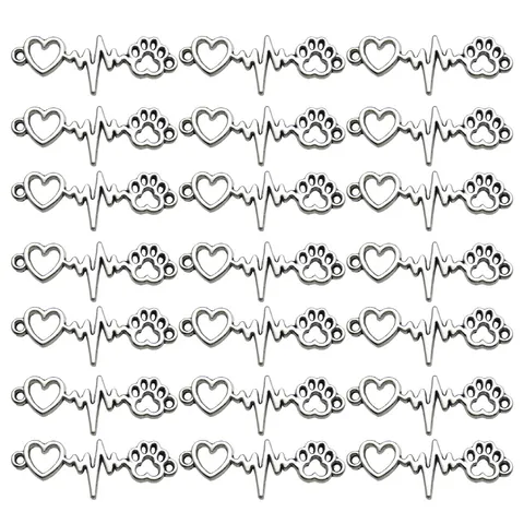 Antique Silver Alloy Heart ECG Paw Print Connector Charm For DIY Jewelry Making Handmade Accessories Double Hole Pendant