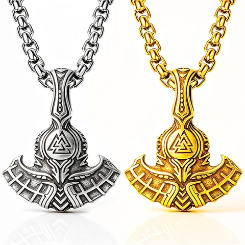 Collier Pendentif Valknut Hache d'Odin Marteau de Thor Mythologie Nordique Viking Pour Hommes Acier Inoxydable Vintage Punk