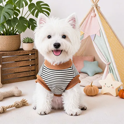 Vintage Gestreifte Haustier Weste Hund T-Shirt Mit Stickerei Aufnäher Stehkragen Gestrickte Haustier Kleidung Für Kleine Hunde Katzen Welpen Weich Atmungsaktiv Ärmellos Bekleidung