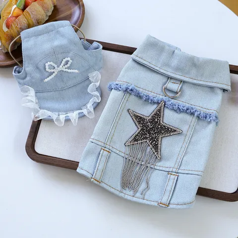 Fashion Pet Denim Vest With Tassel Star Rhinestone Decoration Warm Light Blue Dog Clothes Jacket For Small Dogs Puppies