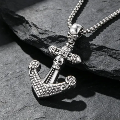 Vintage Gothic Skull Anchor Cross Pendant Necklace For Men Stainless Steel Titanium Steel Punk Rock Nautical Jewelry Gift