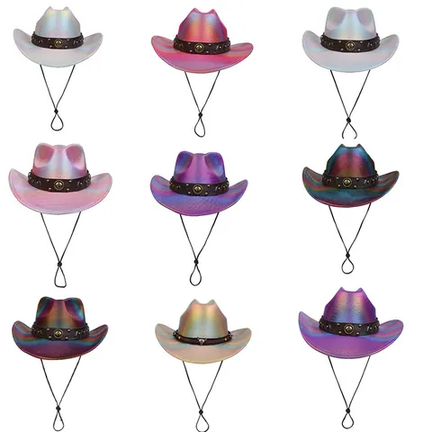 Holographic Gradient Western Cowboy Hat With Rivets Leather Belt Adjustable Chin Strap For Halloween Party Unisex