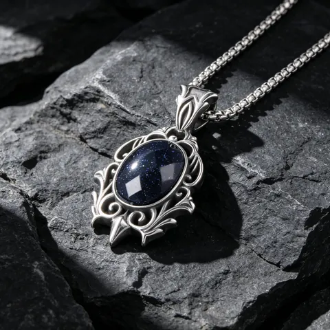 Vintage Gothic Stainless Steel Pendant Necklace Blue Sandstone Inlaid Water Drop Shape Baroque Style Retro Jewelry For Women Men