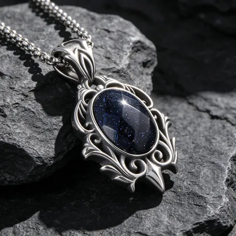 Vintage Gothic Stainless Steel Pendant Necklace Blue Sandstone Inlaid Water Drop Shape Baroque Style Retro Jewelry For Women Men