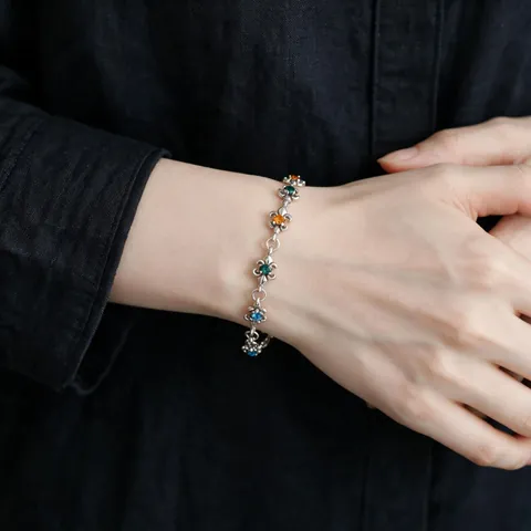 Vintage Silver Plated Copper Bracelet With Multicolor Zircon Inlaid Fleur-De-Lis Flower Link Adjustable Bracelet For Women