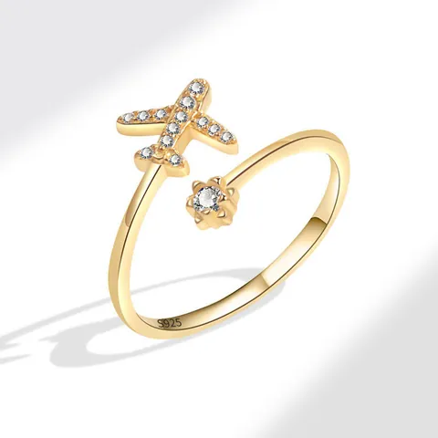 Verstellbarer Ring Flugzeug 925 Sterling Silber Zirkonia Funkelndes Flugzeug Stern Kreativer Fingerschmuck Damen