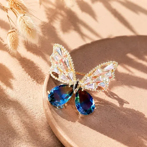 Elegant Gold Plated Alloy Butterfly Brooch For Women With Blue Gradient Crystal And Transparent Rhinestone Fashion Accessory