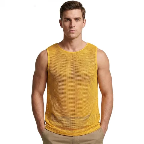 Men's Casual Hollow Out Knitted Vest Summer Loose Round Neck Sleeveless Polyester Knitwear Top Streetwear Mesh Tank Top