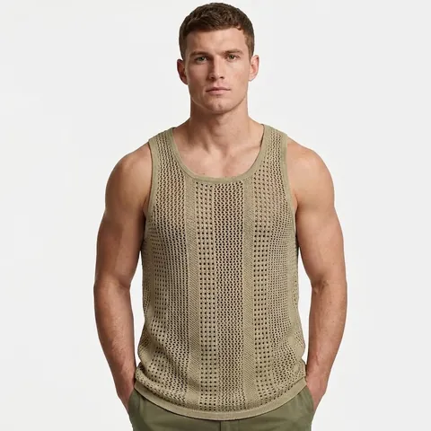 Men's Hollow Out Mesh Knit Tank Top Summer Casual Breathable Sleeveless Sports Vest Streetwear Acrylic Cotton Top For Men