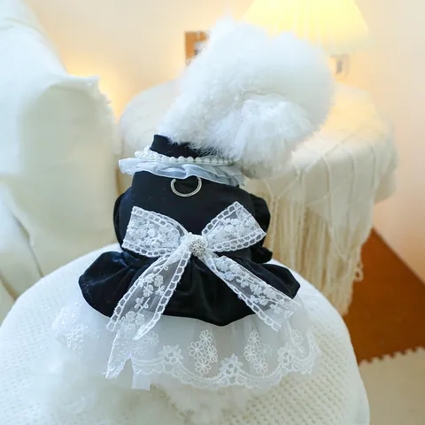 Elegantes Samt Haustier Hundekleid Palast Prinzessin Kostüm Mit Schleife Bestickte Welpen Katzen Kleidung Hochzeit Party
