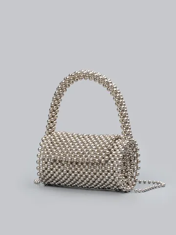 Handgemaakte Acryl Kunstparel Kralen Tas voor Dames Elegant Geweven Cilinder Schoudertas met Metalen Ketting
