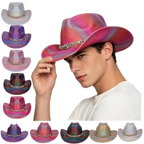 Cappello da Cowboy Occidentale Olografico Iridescente per Donna Uomo Cappello da Festa Metallizzato Con Catena Perline Conchiglia