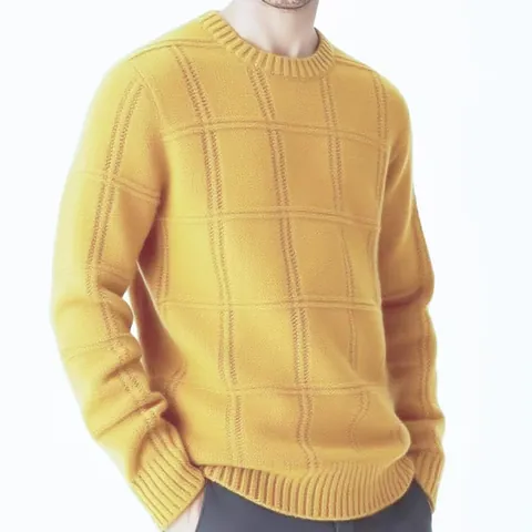 Pull en Tricot à Col Rond pour Hommes Grille 3D Coupe Décontractée Couleur Unie Manches Longues Chandail Épaissi Chaud Top