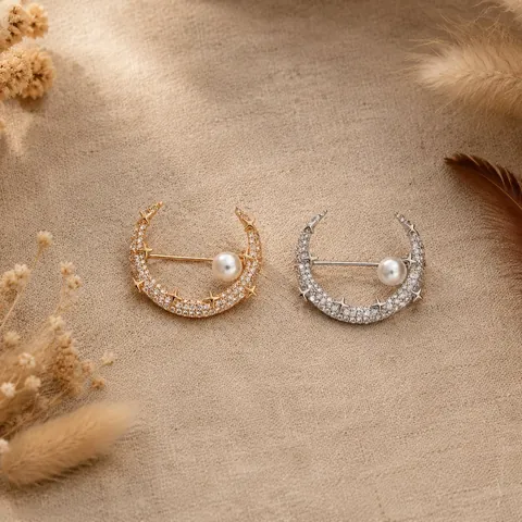 Elegante Spilla a Luna in Lega Con Decorazione di Künstliche Perle e Strass per Donna Gioielli di Moda Vintage Accessori Regalo