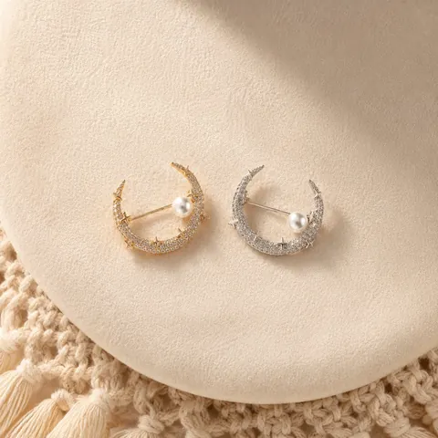 Elegante Spilla a Luna in Lega Con Decorazione di Künstliche Perle e Strass per Donna Gioielli di Moda Vintage Accessori Regalo
