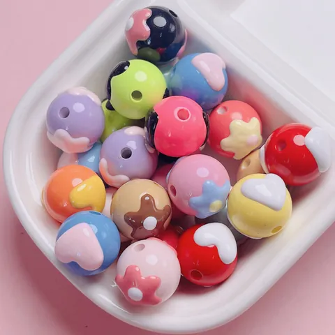 Hand-Painted Flower Heart Round Acrylic Beads For DIY Jewelry Making Phone Chain Keyring Accessories Loose Spacer Beads