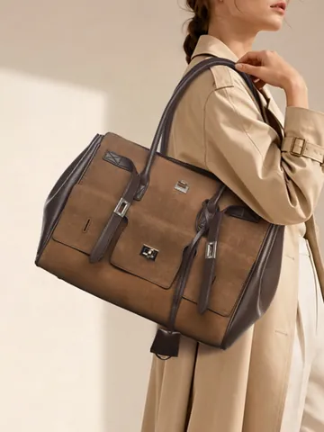 Bolso Tote de Gran Capacidad para Mujer de Cuero PU Esmerilado Patchwork Bolso de Hombro Con Múltiples Bolsillos Retro Funcional