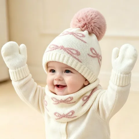 Baby Knit Hat And Neck Warmer Acrylic Jacquard Bow Pattern Faux Fur Pom Pom Thermal Winter Infant Toddler Accessories