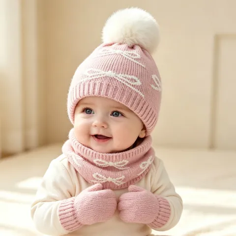 Baby Knit Hat And Neck Warmer Acrylic Jacquard Bow Pattern Faux Fur Pom Pom Thermal Winter Infant Toddler Accessories