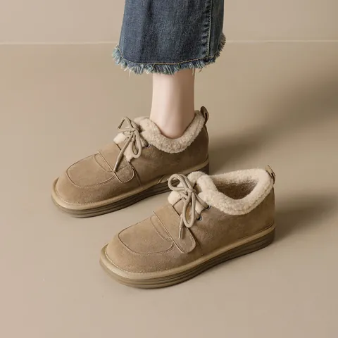 Women Winter Warm Snow Boots Platform Faux Suede Loafers Fleece Lined Lace Up Casual Cotton Shoes Khaki Coffee Footwear