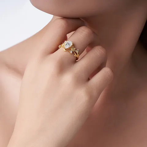 Vintage Peervormige Moissaniet Zilveren Ring voor Vrouwen Verguld Botanisch Wijnblad Ontwerp Ingelegde Ring Sieraden