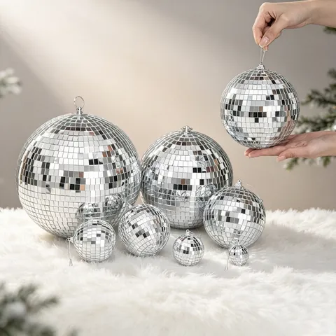 Palla Da Discoteca Specchio Argento Decorazione Appesa Vetro Riflettente Schiuma Per Festa Matrimonio Natale Bar Arredamento