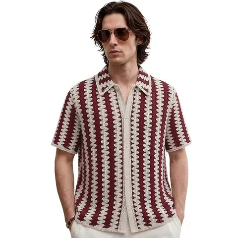 Polo de Punto de Crochet a Rayas Retro para Hombre Rojo Blanco Manga Corta Cárdigan Casual Top de Playa de Verano SJ0042