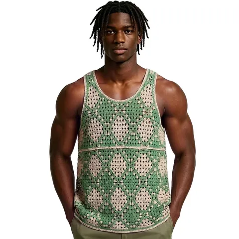 Men Retro Argyle Hollow Out Crochet Knit Vest Sleeveless V-Neck Color Block Casual Streetwear Acrylic Sweater Top For Men